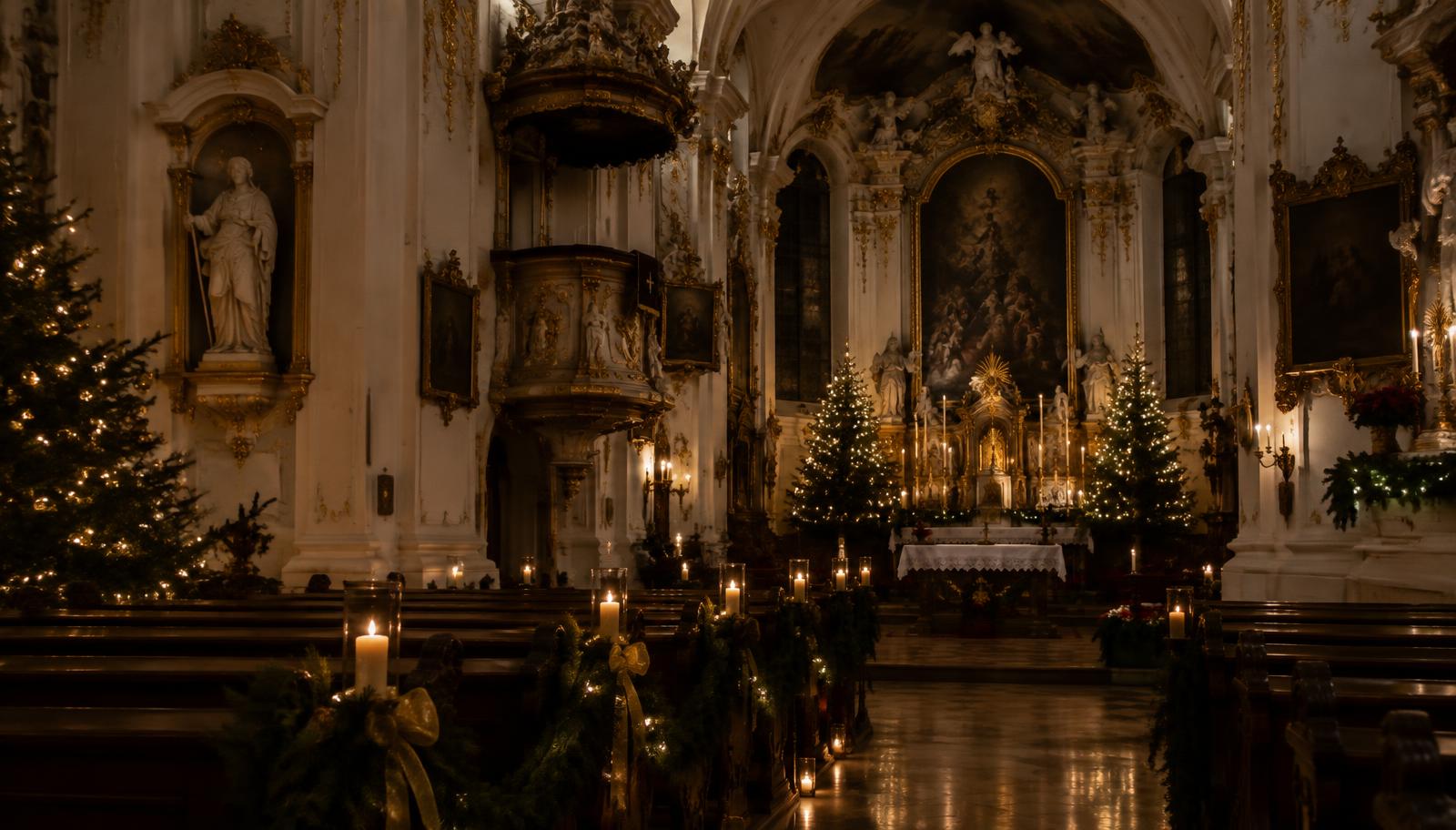 Interieur van een barokke kerk in wit en goud, versierd met kerstbomen en kaarsen